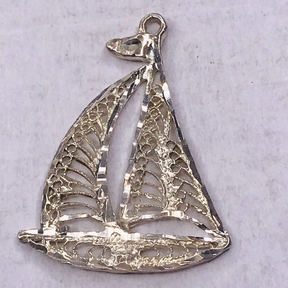Silver Sailboat Charm Pendant Diamond Cut Etched Boat Nautical